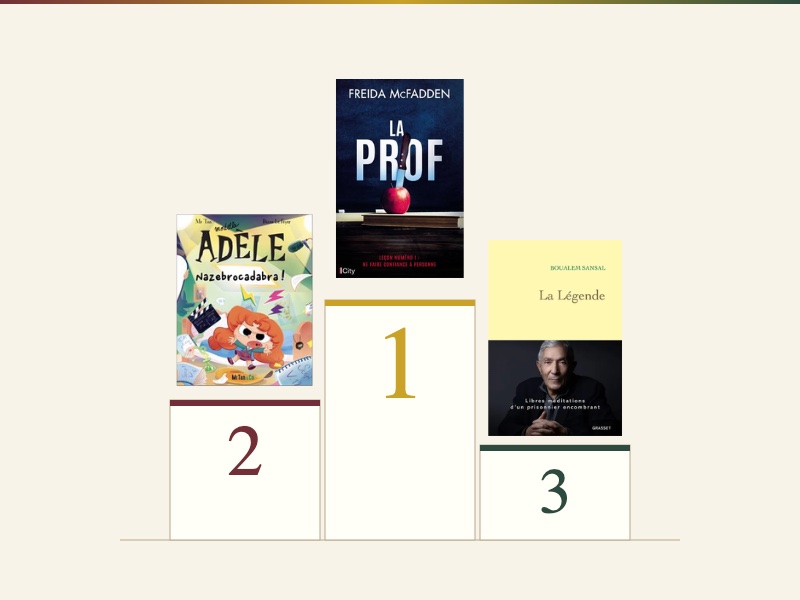 Le podium des meilleures ventes de livres en France en juin 2026 : La prof de Freida McFadden en première place, Mortelle Adèle tome 23 en deuxième, La Légende de Boualem Sansal en troisième